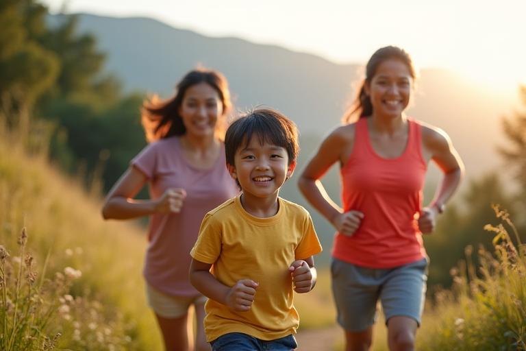 Pamilyang nag-eexercise sa outdoor adventure workout